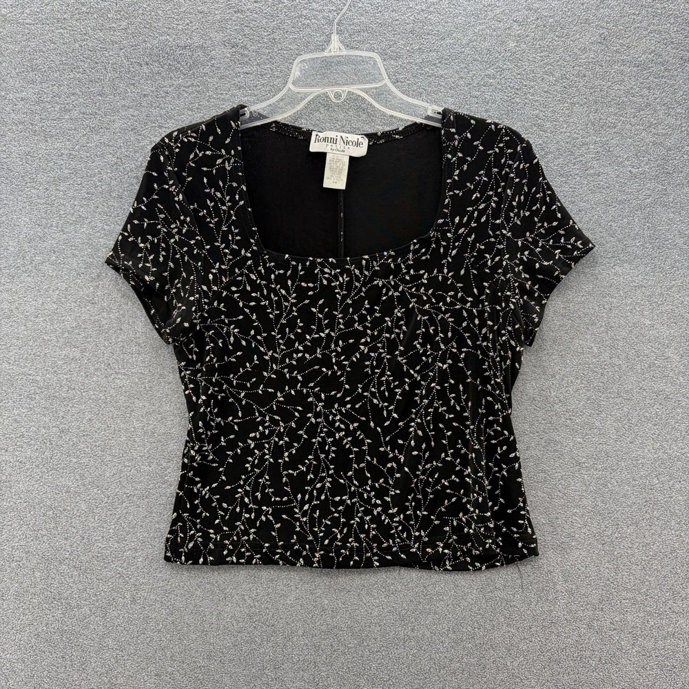 VTG 90s Ronni Nicole Top Womens Medium Black Glitter Floral Square Neck Crop Top